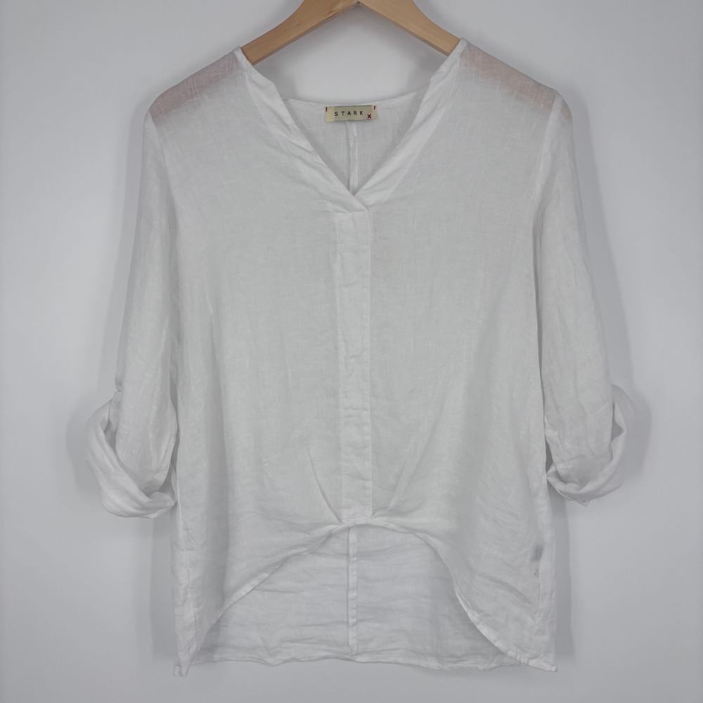 STARK X Linen High Low Roll Sleeve Top Womens XS Nearly Sheer Coastal Beachy